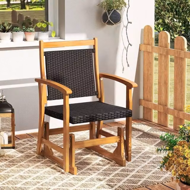 SPETLEK Brown Acacia Wood and Rattan Outdoor Glider Chair Patio Swing Rocker Seat – 1