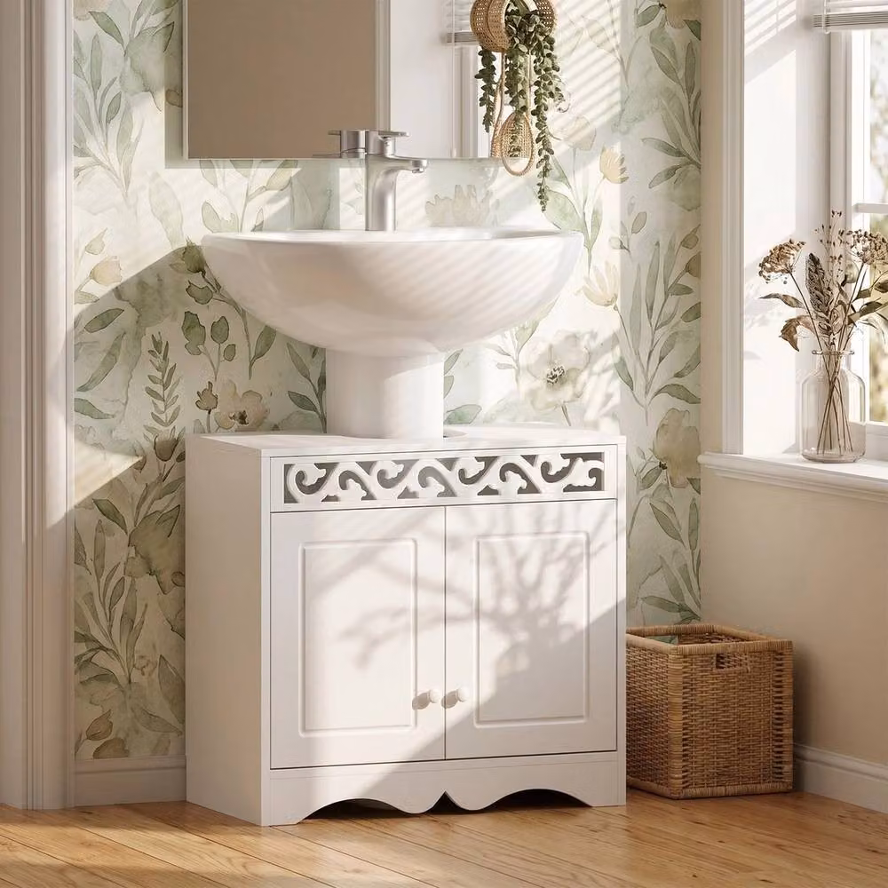 FORGEVIO White Wooden Under Sink Bathroom Storage Cabinet with Hinged Doors, W: 60.0 cm, D: 30.0 cm, H: 56.0 cm – 2
