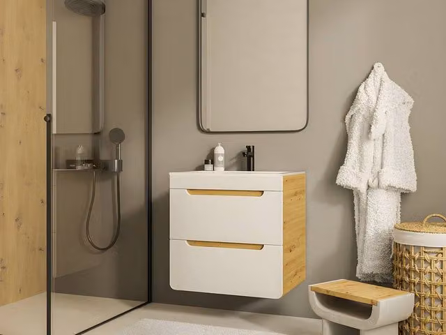 Vente-unique ARUBA Wall-Mounted Vanity Unit in Light Oak and White, W/D/H: 60 x 46 x 59 cm – 1