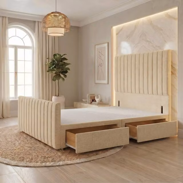 Somnior Eleanor Linen Divan Base with 2 Drawers and Headboard, Beige, W/D/H: 120 x 200 cm