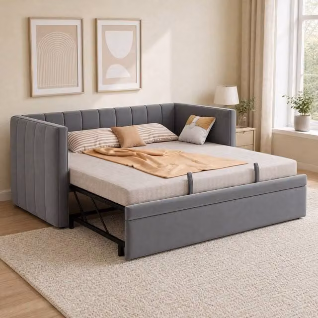 STILVORA Modern Upholstered Single Daybed with Pull Out Trundle in Grey Fabric, W/D/H: 90 x 190 cm – 1
