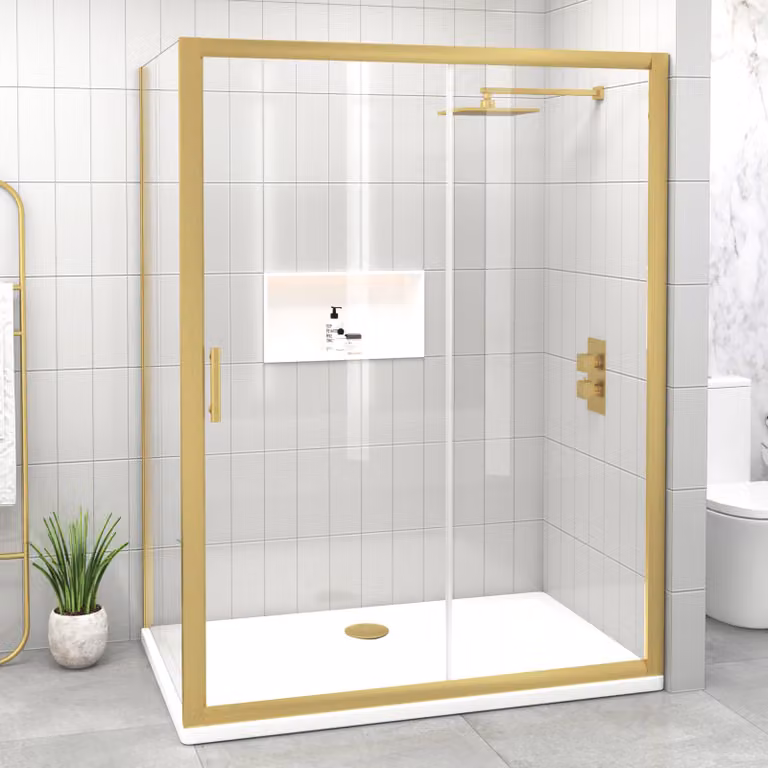 Royal Bathrooms Venice Rectangular Sliding Door Shower Enclosure with 6mm Glass, Gold/Brushed Brass, W: 110 cm, D: 76 cm