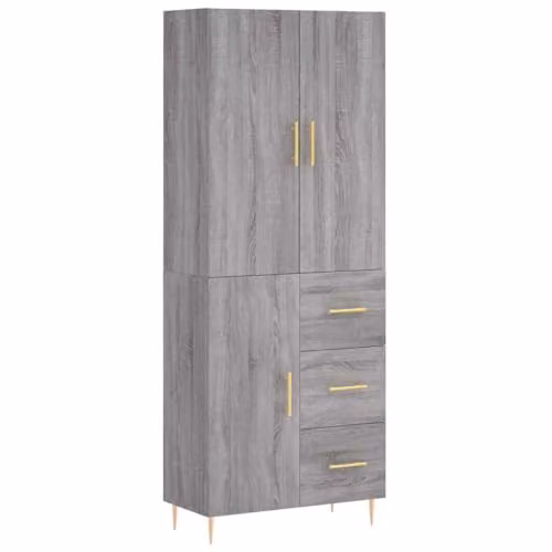 vidaXL Modern Grey Sonoma Highboard with Internal Shelves and Drawers, W/D/H: 69.5 x 34 x 180 cm
