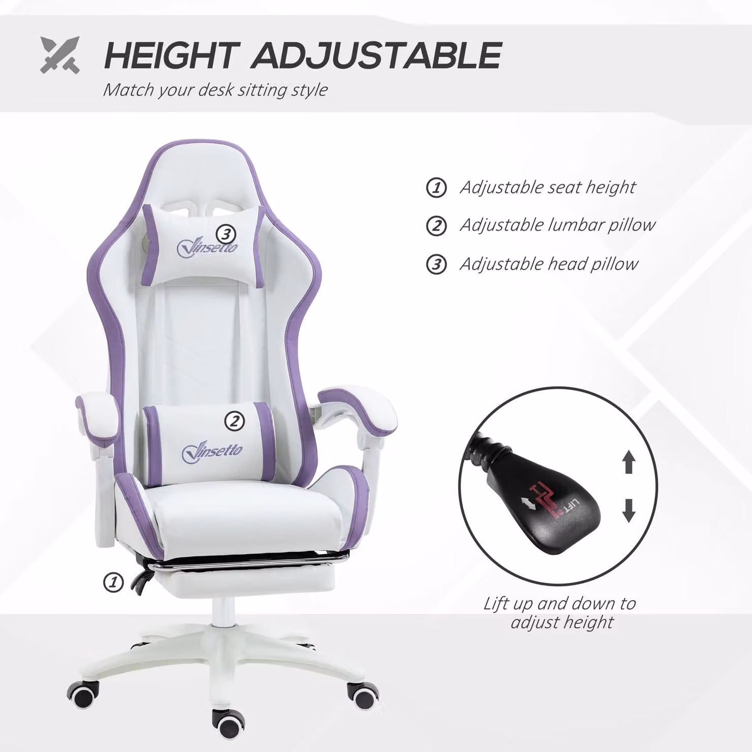 Vinsetto Racing Style Gaming Chair in White and Pink with Reclining Function, Footrest and 360 Degree Swivel Seat – 2