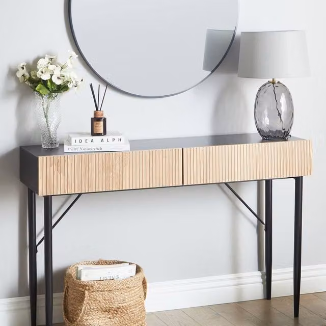 Wyld Haus Black MDF Console Table with Natural Ash Ribbed Front and 2 Drawers