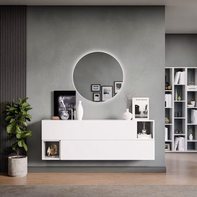 Decorotika Namur Wall Mounted Minimalist Entertainment Center in High Gloss White with LED Lighting