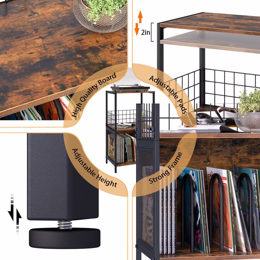 Huhote 3 Tier Brown Vinyl Turntable Stand and Record Player Storage Cabinet – 3