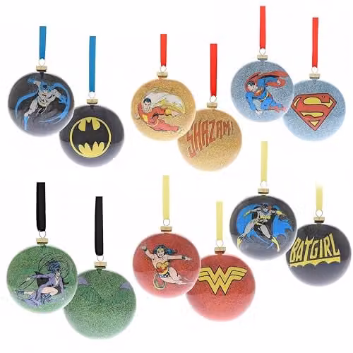 Widdop and Co DC Comics Set of 6 Round Christmas Tree Baubles in Red, Green, Silver, Gold and Multicolour