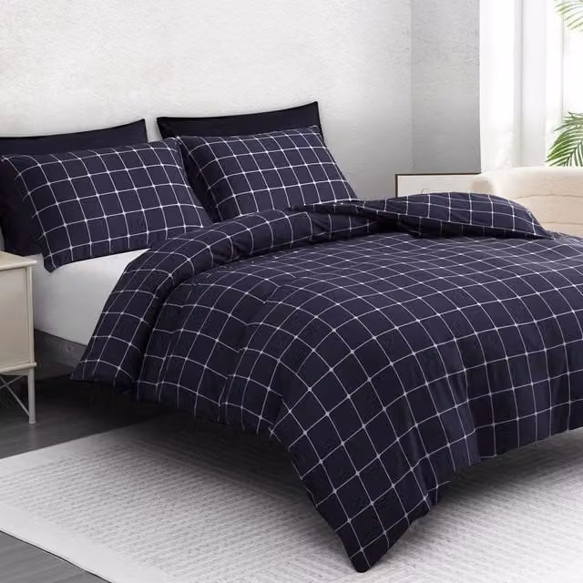 Lazzaro Home Reversible Checked Microfibre Duvet Cover and Pillowcase Set in Navy Blue – 1