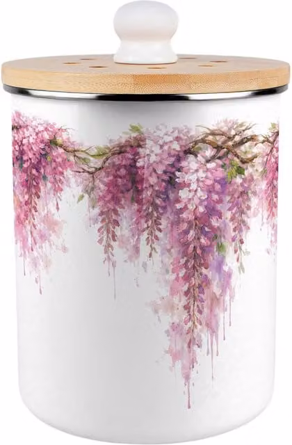 Purely Home Pink Wisteria Food Waste Caddy, 2L Metal and Bamboo Kitchen Compost Bin with Flip Lid