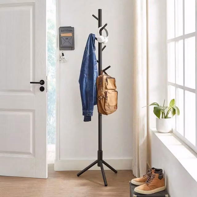 VASAGLE Modern Solid Wood Coat Rack with 8 Hooks in Black