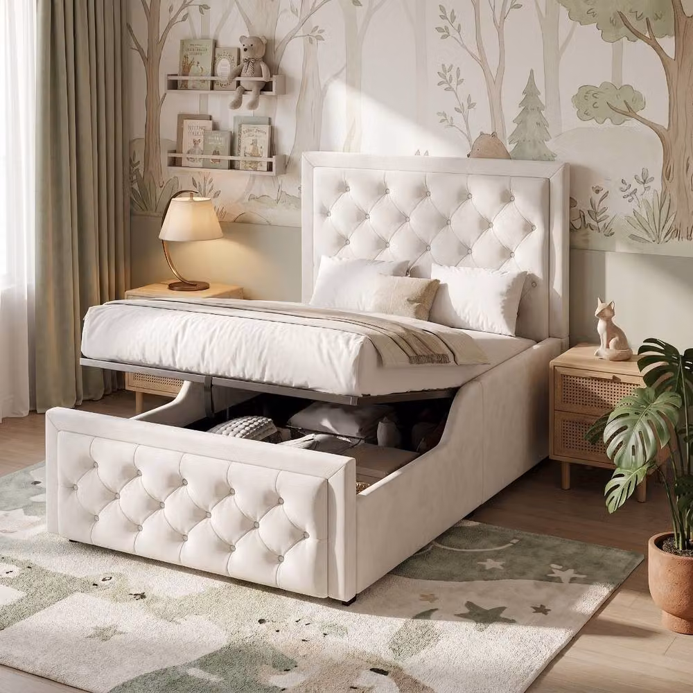 Rolipo Beige Velvet Single Children's Bed with Hydraulic Storage W/D/H: 90 x 190 cm – 2