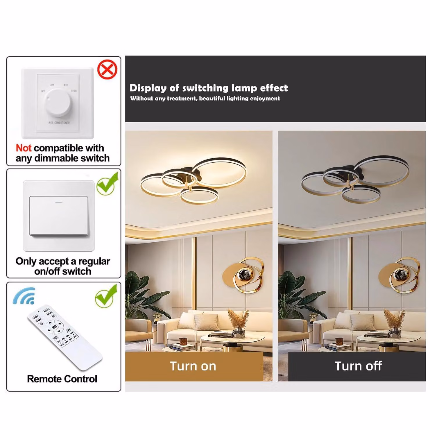 Garwarm Modern 60W Dimmable LED Ceiling Light with 4 Rings in Gold/Brass – 5