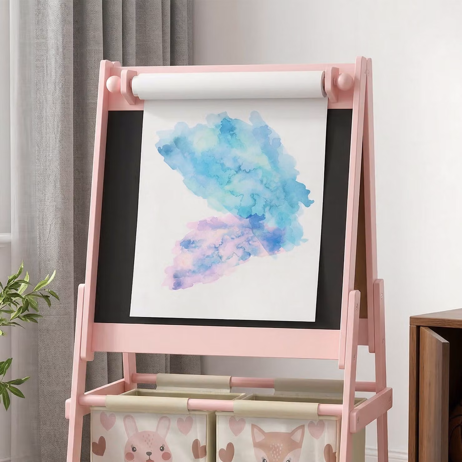 AIYAPLAY 3-in-1 Kids Easel with Paper Roll, Magnetic Whiteboard and Chalkboard in Pink – 4