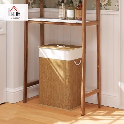 HOMCOM Bamboo Laundry Basket with Lid and Removable Washable Fabric Liner, Brown, 72L – 2