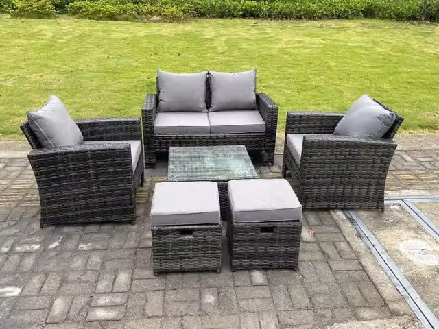 Fimous 6 Seater Dark Grey High Back Rattan Garden Furniture Set with Square Coffee Table and 2 Ottomans