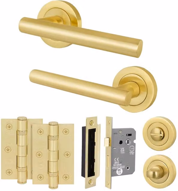 AFIT Satin Brass T-Bar Bathroom Handle, WC Lock and Hinges Set in Gold, W/D/H: 15 x 15 x 1.5 cm