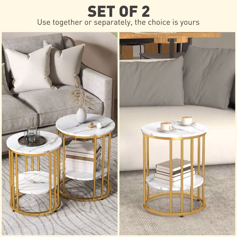 FORGEVIO Set of 2 Round Marble-Effect Coffee Tables in White and Gold – 3
