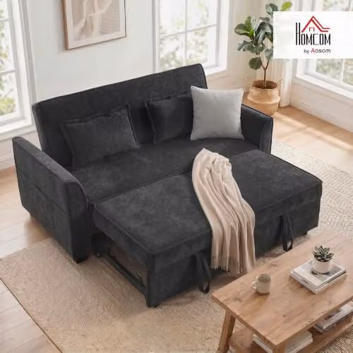 HOMCOM 2 Seater L-Shaped Pull Out Sofa Bed in Black with Fabric Upholstery and Solid Wood Frame – 2