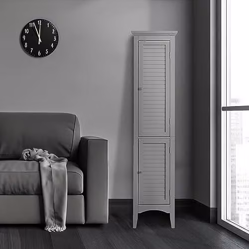 Teamson Home Glancy Tall Wooden Bathroom Cabinet in Grey with Internal Shelves and Hinged Doors H 160 x W 38.1 x D 33 cm – 3