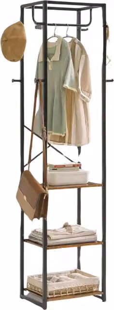 Furnold Industrial Hall Tree with Bench, Dual Hook and Rail Matrix in Brown and Black