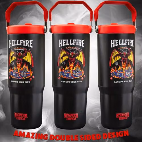 Get Trend Stranger Things Hellfire Insulated Metal Tumbler with Straw and Handle, Black/Red, 850ml – 5