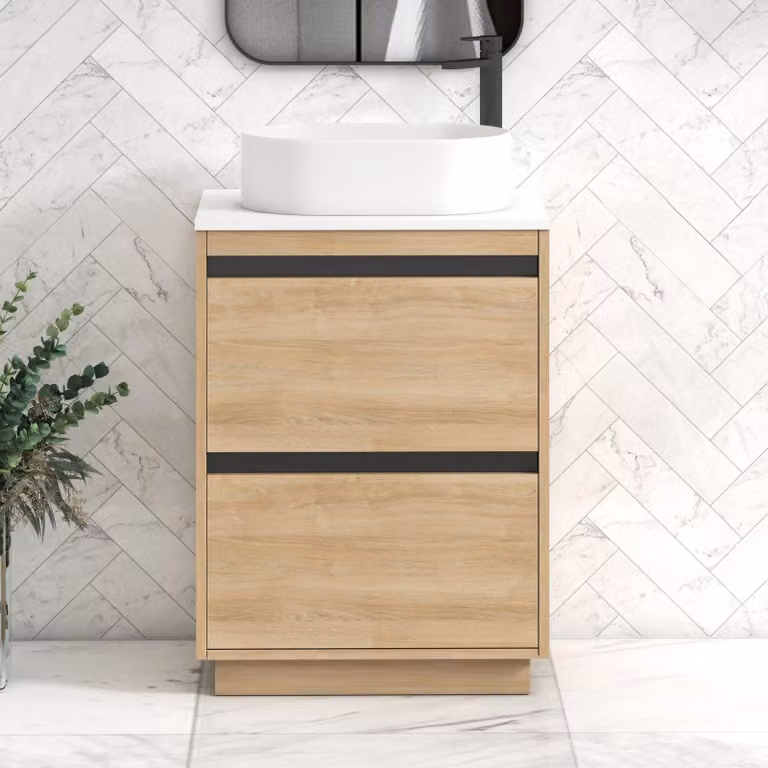 Royal Bathrooms Orion 600mm Natural Oak Floor Standing 2 Drawer Vanity Unit with Peak Basin and Black Accent Trim in White