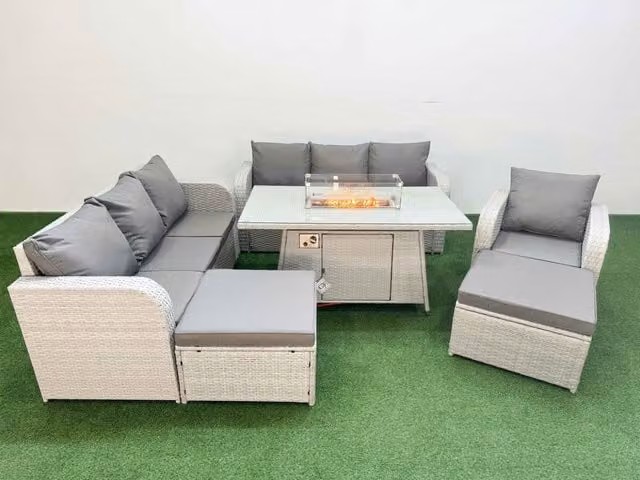 Fimous 9 Seater Poly Rattan Outdoor Garden Furniture Set with Firepit Dining Table, 3 Seater Sofa, 3 Reclining Chairs and 2 Footstools in Grey
