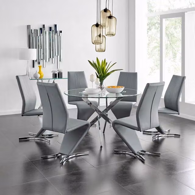 FurnitureboxUK Novara Chrome Metal and Glass Round Dining Table with 6 Willow Grey Chairs, Diameter: 120 cm