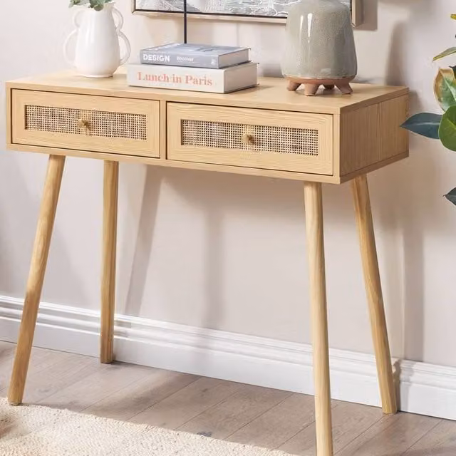 Wyld and Coco Two Drawer Rattan and Wood Console Table, Brown, W: 88 cm, D: 40 cm, H: 79 cm – 1
