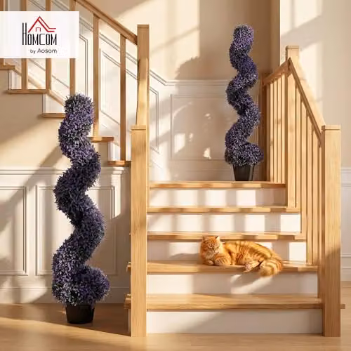 HOMCOM Set of 2 Artificial Boxwood Topiary Spiral Trees in Purple Pots, Height: 120 cm – 2