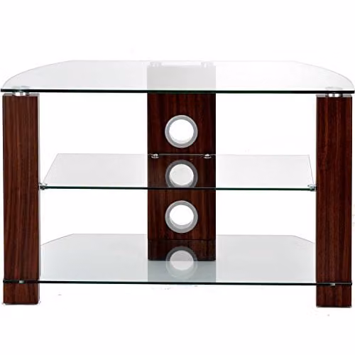 TTAP GROUP Clear Glass TV Stand with Walnut Legs for TVs up to 52-Inch