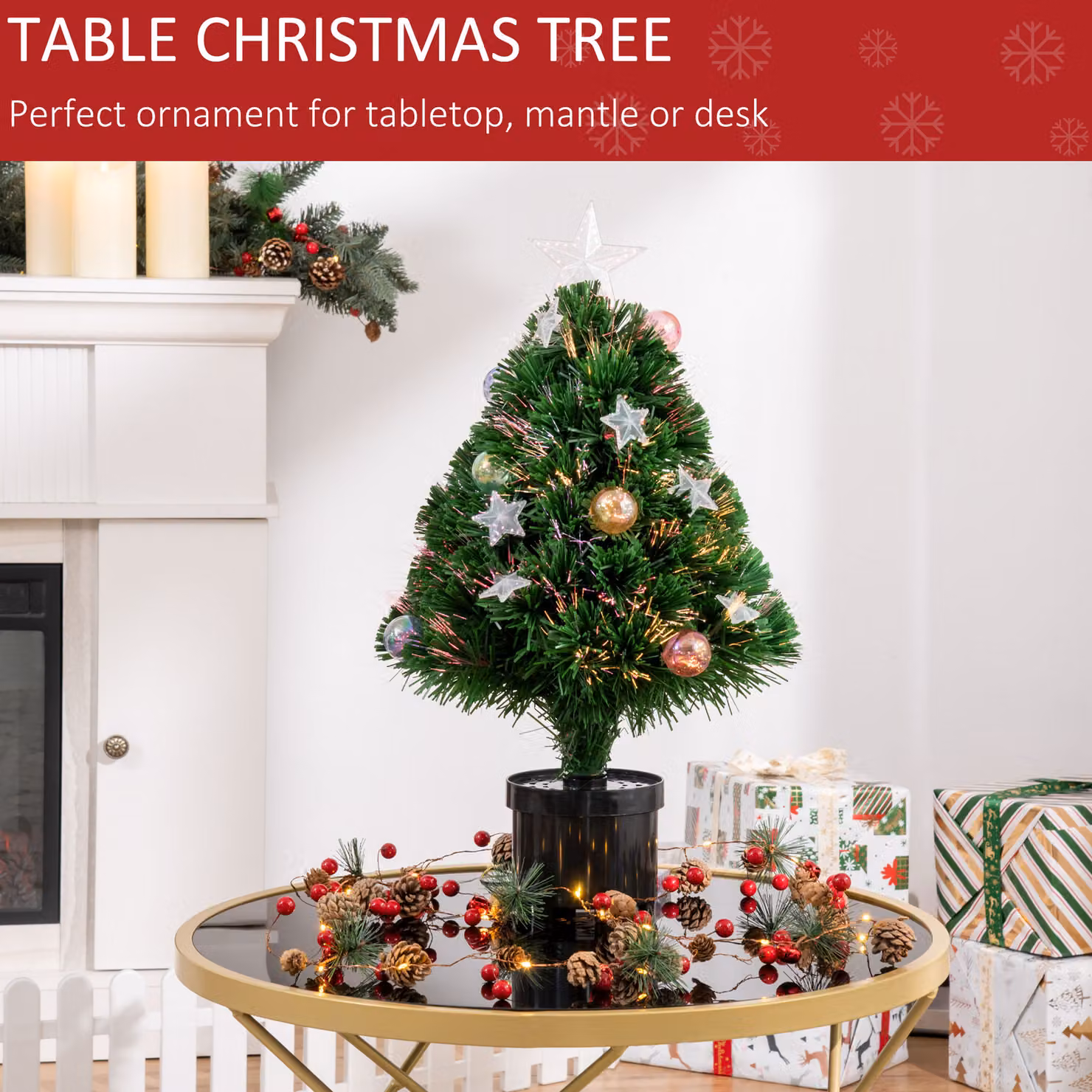 HOMCOM 2ft Pre-lit Multicoloured Fibre Optic Artificial Christmas Tree with LED Lights, Green – 6
