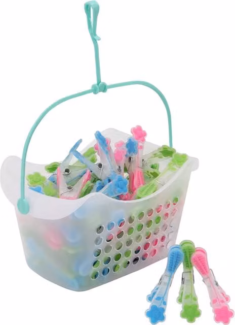 JVL Plastic Peg Basket with 72 Prism Soft Touch Flower Design Pegs in Multicolour