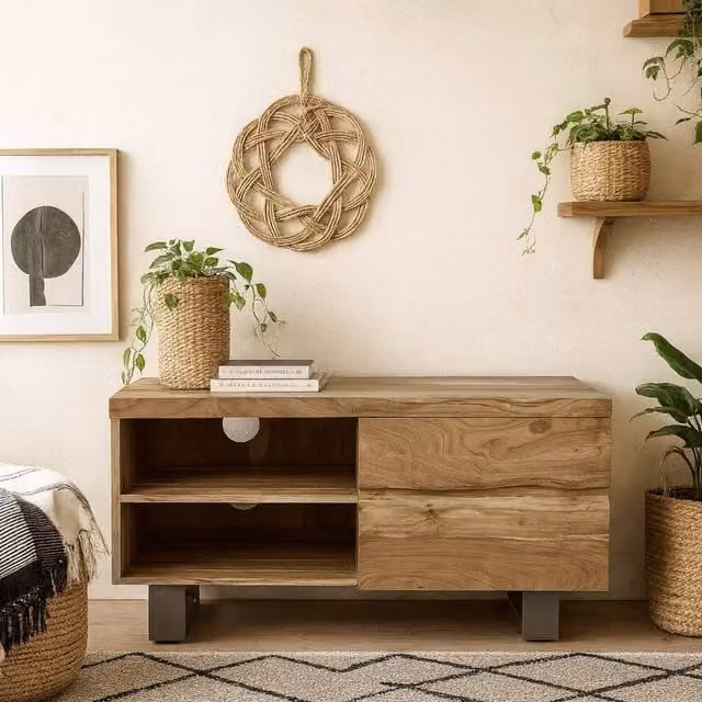 Wyld Haus Wellington Small Acacia Wood TV Unit in Brown with 2 Shelves and 2 Drawers, W/D/H: 110 x 45 x 55 cm – 1