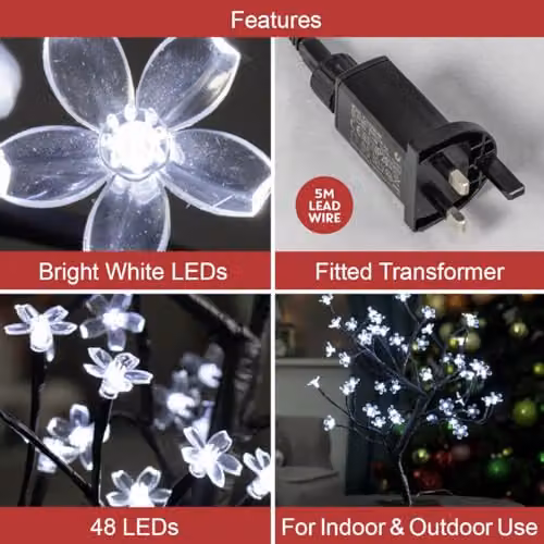 The Christmas Workshop 45cm Blossom Tree with 48 Bright White LED Lights, Mains Operated, White – 3