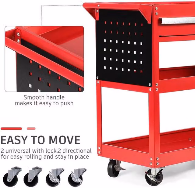 FLAVORA Red Steel Garage Workshop Tool Storage Trolley Cart, Lockable and Rollable, W/D/H: 52 x 52 x 100 cm