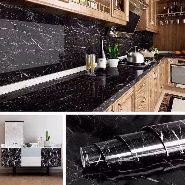FLAVORA Black Marble Gloss Self-Adhesive Vinyl Countertop Film, W: 52 cm, L: 1000 cm