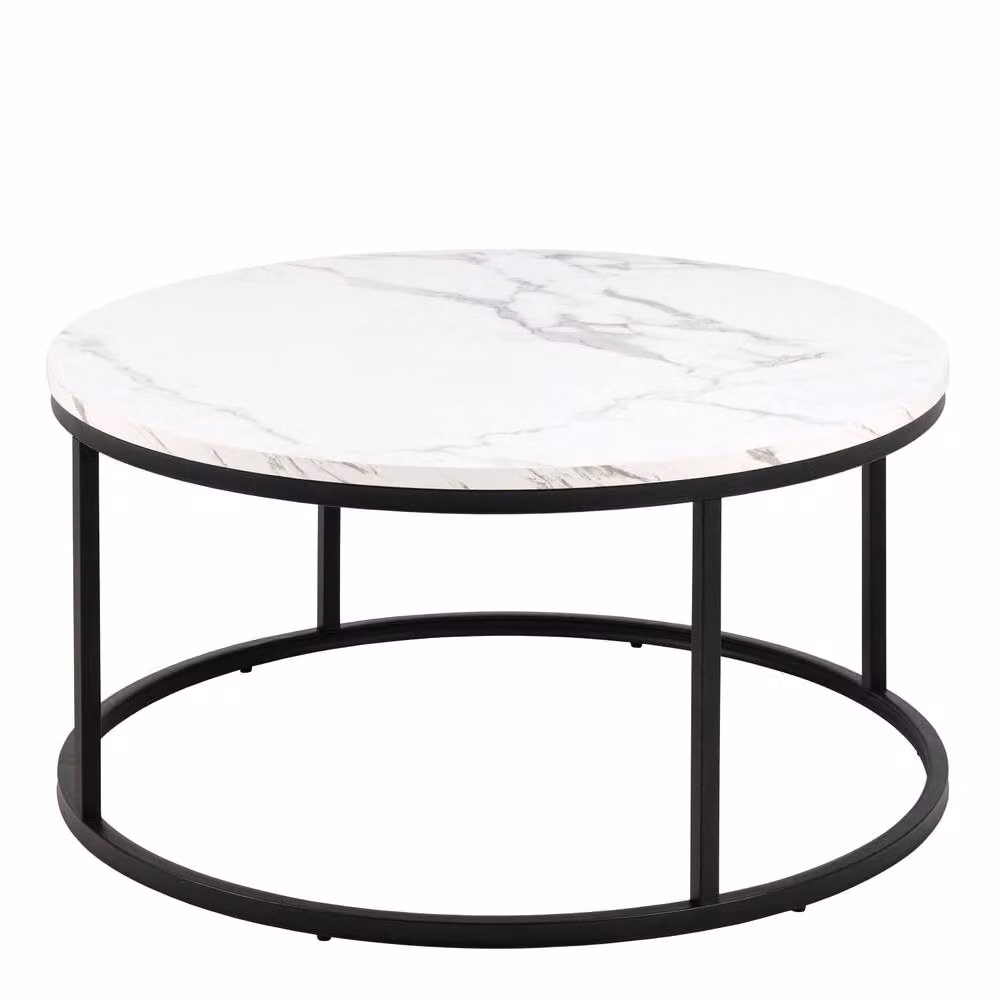 Wyld Haus Odense Round Coffee Table with White Marble Effect Top and Black Metal Legs – 3