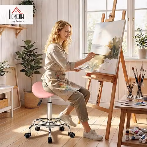 HOMCOM Pink PU Leather Adjustable Rolling Saddle Stool for Spa and Salon – 2