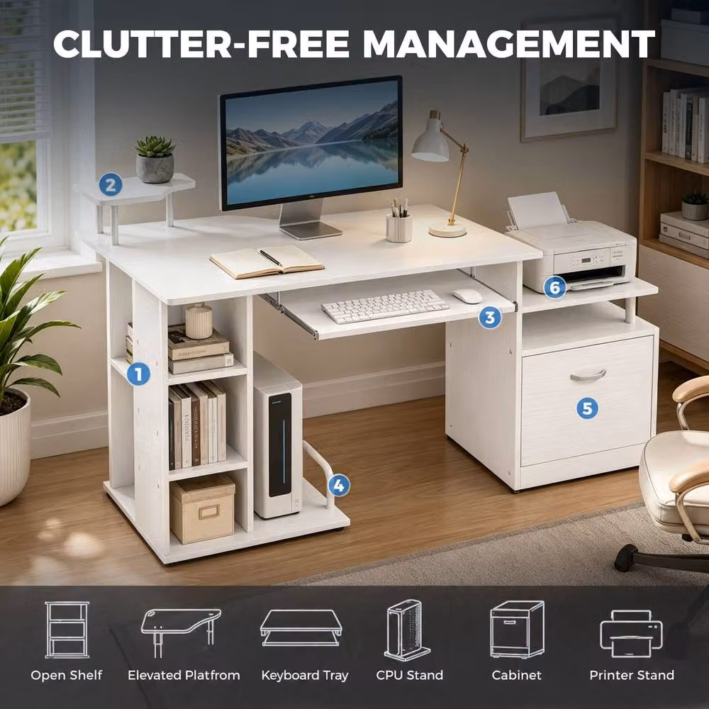 Rolipo Modern Computer Desk with Drawer, Shelves and CPU Storage Rack in White – 5