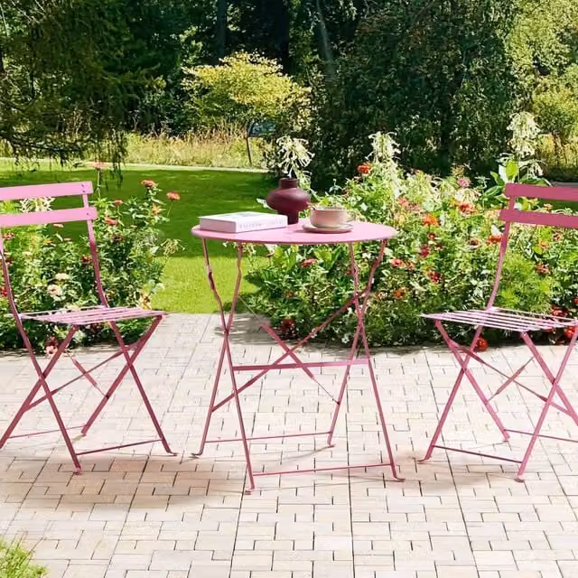 Wyld and Coco 3-Piece Pink Matt Metal Folding Bistro Set