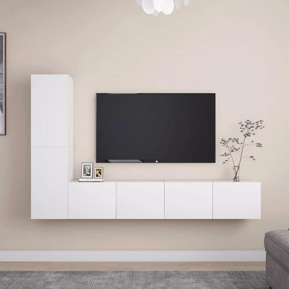 Berkfield Home 4 Piece Modern White TV Cabinet Set with Tall Unit and Wall Mounted Storage – 1