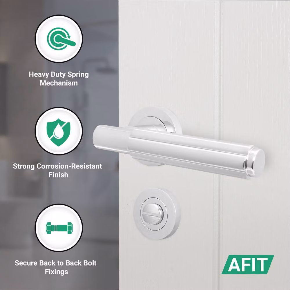 AFIT Polished Chrome Bathroom Door Handle Set with Lock and Hinges in Silver – 2