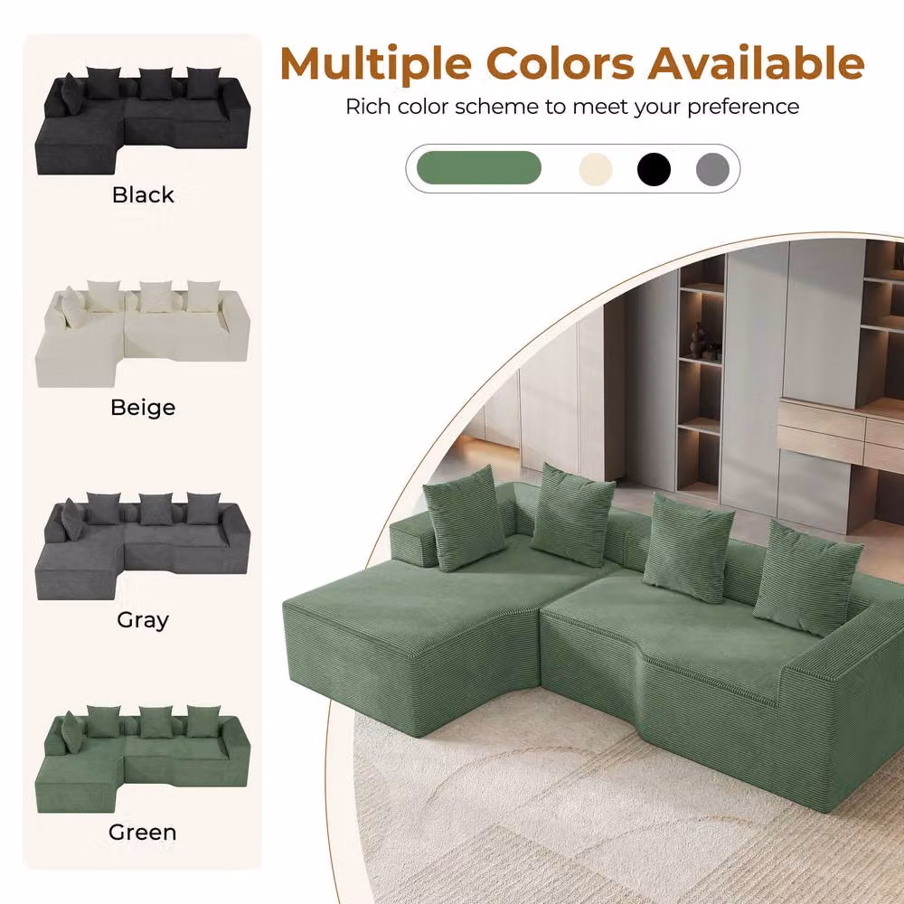 Dprodo Green Corduroy Left L-Shaped Modular Sofa with Scatter Cushions, Width: 320 cm – 5
