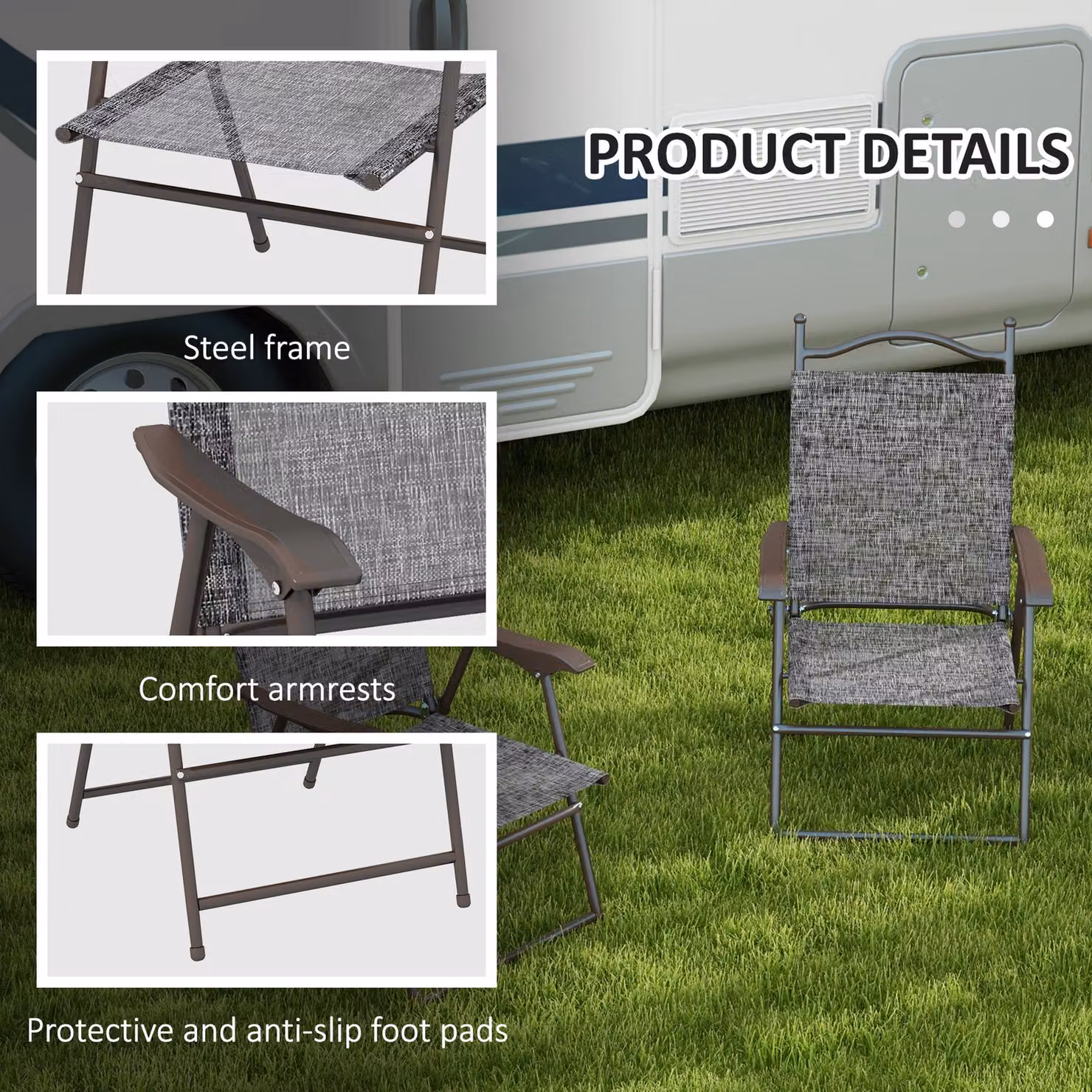 Outsunny Set of 2 Folding Mesh Camping Chairs with Armrests in Grey – 5