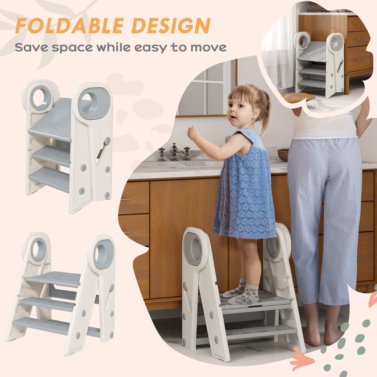 AIYAPLAY Foldable and Adjustable Toddler Tower with Handle in Grey – 3