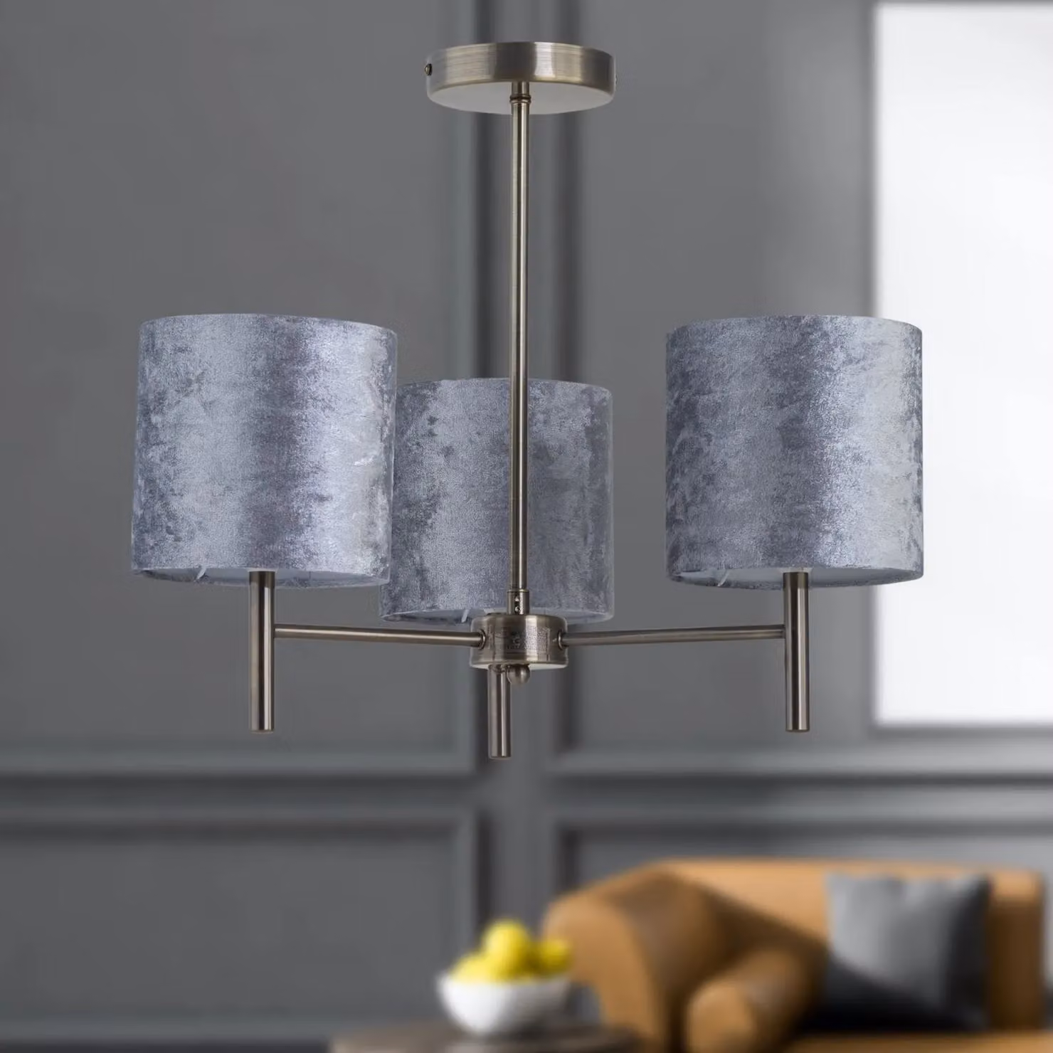 First Choice Lighting Brea Set of 2 Antique Brass Ceiling Light Fittings with Grey Fabric Shades – 4