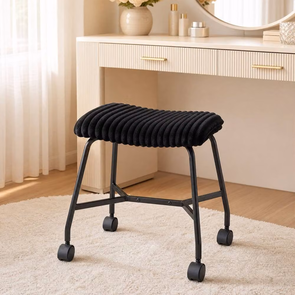 Gymax Set of 2 Upholstered Footrest Stools, Black Portable Accent Ottomans with Metal Frame and Castors – 3