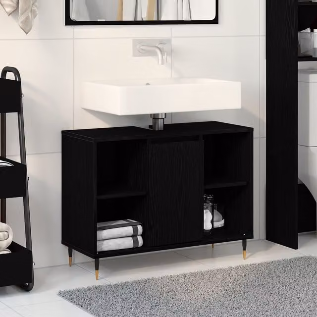 Berkfield Home Modern Black Oak Vanity Unit with Internal Shelves and Open Shelf Storage